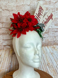 Happy Holidays Poinsettia Headband - Rustic Christmas Floral Crown - Holiday Party Fascinator