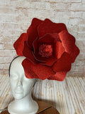 Oversized Red Glitter Flower Headband - Giant Statement Floral Fascinator