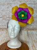 Mardi Gras Flower Headband - 8" Purple, Green & Gold Glitter Statement Fascinator
