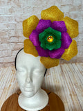 Mardi Gras Flower Headband - 8" Purple, Green & Gold Glitter Statement Fascinator