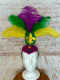 Mardi Gras Showgirl Feather Headpiece - Fleur-de-Lis Carnival Fascinator - Purple Green Gold Feather Crown