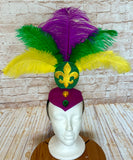 Mardi Gras Showgirl Feather Headpiece - Fleur-de-Lis Carnival Fascinator - Purple Green Gold Feather Crown