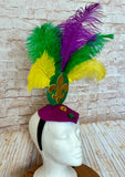 Mardi Gras Showgirl Feather Headpiece - Fleur-de-Lis Carnival Fascinator - Purple Green Gold Feather Crown