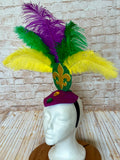 Mardi Gras Showgirl Feather Headpiece - Fleur-de-Lis Carnival Fascinator - Purple Green Gold Feather Crown