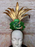 Vintage St. Patrick's Day Feather Headband - Gold Feather Fascinator with Shamrocks & Retro Irish Artwork - Handmade Lucky Holiday Headpiece