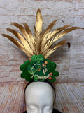 Vintage St. Patrick's Day Feather Headband - Gold Feather Fascinator with Shamrocks & Retro Irish Artwork - Handmade Lucky Holiday Headpiece