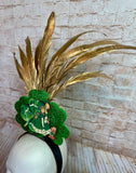 Vintage St. Patrick's Day Feather Headband - Gold Feather Fascinator with Shamrocks & Retro Irish Artwork - Handmade Lucky Holiday Headpiece