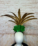 Vintage St. Patrick's Day Feather Headband - Gold Feather Fascinator with Shamrocks & Retro Irish Artwork - Handmade Lucky Holiday Headpiece