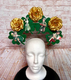 Vintage St. Patrick's Day Headband - Gold Rose & Shamrock Crown with Retro Irish Children - Handmade Lucky Holiday Fascinator