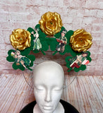 Vintage St. Patrick's Day Headband - Gold Rose & Shamrock Crown with Retro Irish Children - Handmade Lucky Holiday Fascinator