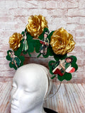 Vintage St. Patrick's Day Headband - Gold Rose & Shamrock Crown with Retro Irish Children - Handmade Lucky Holiday Fascinator