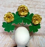 Vintage St. Patrick's Day Headband - Gold Rose & Shamrock Crown with Retro Irish Children - Handmade Lucky Holiday Fascinator