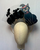 Vintage Black Cat Halloween Halo Headband with Black Roses & Birdcage Veil