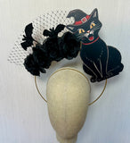Vintage Black Cat Halloween Halo Headband with Black Roses & Birdcage Veil