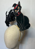 Vintage Black Cat Halloween Halo Headband with Black Roses & Birdcage Veil