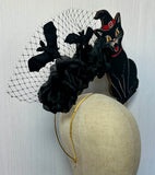 Vintage Black Cat Halloween Halo Headband with Black Roses & Birdcage Veil