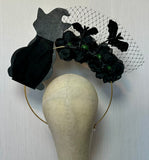 Vintage Black Cat Halloween Halo Headband with Black Roses & Birdcage Veil