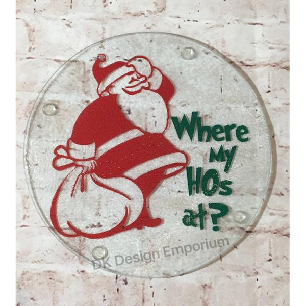 Santa Claus "Where My HOs at?" Glass Trivet Mini Cutting Board